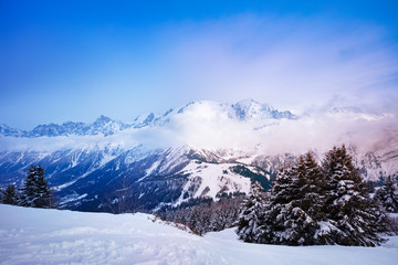 Fototapeta na wymiar Peaks covered with cloud in Mont-Blanc, Chamonix region, Auvergne-Rhone-Alpes in south-eastern France