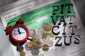 The deadline for the end of April is the settlement of the Polish PIT VAT CIT ZUS. Concept on an old wooden desk