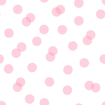 Seamless vector polka dot pattern with flat candy pink transparent overlapped circles. Festive party background. Modern hipster happy birthday backdrop with round shapes