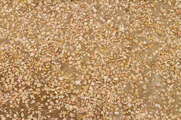 Small chopped pebbles of light shades in the frozen cement. Selective focus. Textured stone background. A wall of gravel and small pebbles