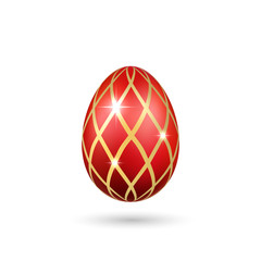 Easter egg 3D icon. Red gold egg, isolated white background. Bright realistic design, decoration for Happy Easter celebration. Holiday element. Shiny pattern. Spring symbol. Vector illustration