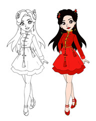Teenage girl wearing chinese traditional costume. Picture for coloring book.