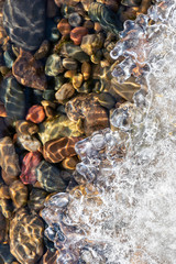 Spring background: curly edge of melting ice, clear river water