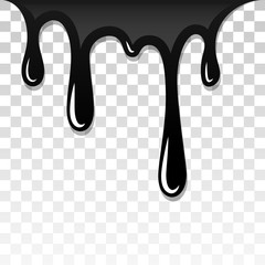 Drip paint 3D. Ink stain. Drop melt liquid isolated on white transparent background. Splash of chocolate, oil, blood. Black graffiti. Splatter syrup, candy sauce, caramel. Vector illustration