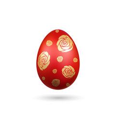 Easter egg 3D icon. Red gold egg, isolated white background. Bright realistic design, decoration for Happy Easter celebration. Holiday element. Shiny pattern. Spring symbol. Vector illustration