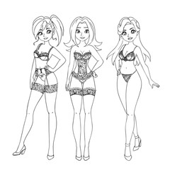 Three girls wearing lingerie. Hand drawn vector illustration. Can be used for fashion magazine, coloring book, paper doll, etc