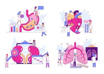 Human organs deseases, sick people heart, lungs, kidney and stomach anatomy vector illustration set. Medical treatment and medicine for deseased internal body organs, doctors medics tiny people.