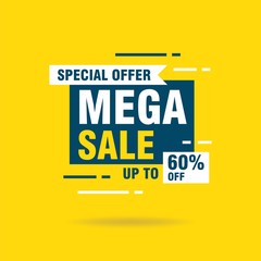 Simple Flat Mega Sale Sign Shape Banner on Yellow Background Design, Discount Banner Template Vector for advertising, social media, web banner