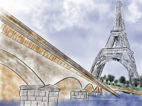 hand drawing of Eiffel tower in Paris, street - illustration