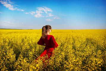 Fototapeta premium girl in a beautiful red dress is standing in a yellow box