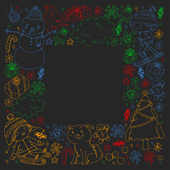 Christmas pattern with little children. Santa Claus and snowman. Ski, sledge, ice skating.