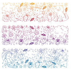 Christmas pattern with little children. Santa Claus and snowman. Ski, sledge, ice skating.