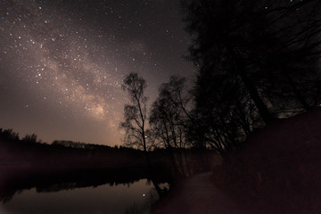 The Milky Way over a lake with a path leading away into the dark trees