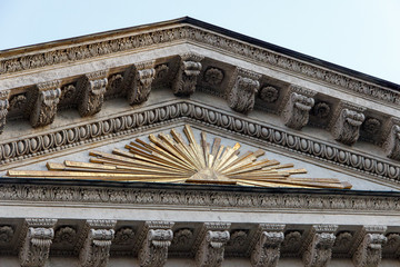 St.Peterburg, Russia - May, 05, 2018: The Masonic symbol is the All-Seeing Eye on the pediment of the Kazan Cathedral in St. Petersburg.