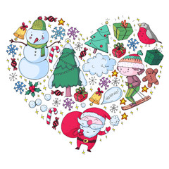 Fototapeta premium Christmas pattern with little children. Santa Claus and snowman. Ski, sledge, ice skating.
