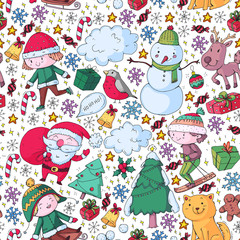 Obraz na płótnie Canvas Christmas pattern with little children. Santa Claus and snowman. Ski, sledge, ice skating.