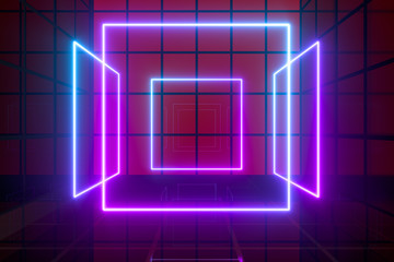 Glowing lines and bright squares,neon lights,3d rendering.