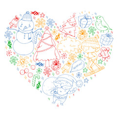 Christmas pattern with little children. Santa Claus and snowman. Ski, sledge, ice skating.