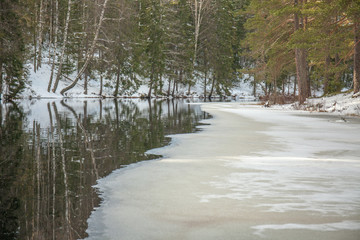 Winter landscape in Sweden. Melting snow on the lake.
