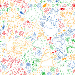 Christmas pattern with little children. Santa Claus and snowman. Ski, sledge, ice skating.