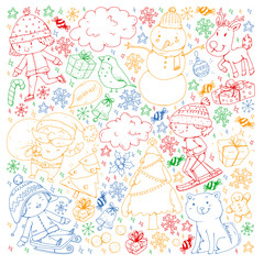 Christmas pattern with little children. Santa Claus and snowman. Ski, sledge, ice skating.