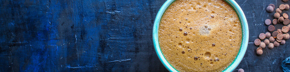 coffee drink and coffee grain, hot chocolate. top view. copy space