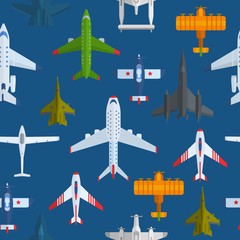 Airplanes seamless vector pattern. Cartoon passenger airplanes and war planes, bombers and aeroplanes background. Can be used for graphic, textile design or web design.