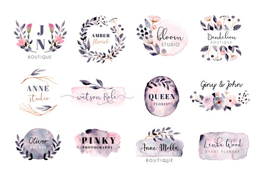 premade logo with grey pink brush stroke and floral watercolor