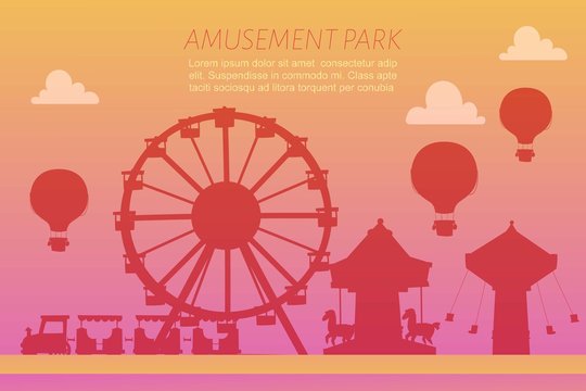 Amusement park silhoettes on gradient background vector illustration. Conceptual city banners with carousels. Slides and swings, ferris wheel attraction and air baloon amusement park gradient poster.