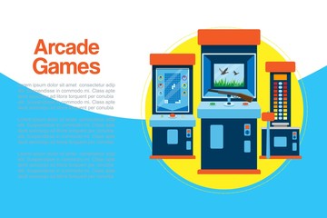 Arcade games machine vector illustration. Arcade gambling games in casino where gamesome gambler or gamer bet in gaming computer machinery illustration for poster or banner.