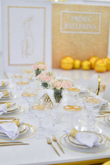 Decorations for holiday party. A lot of gold colors. 