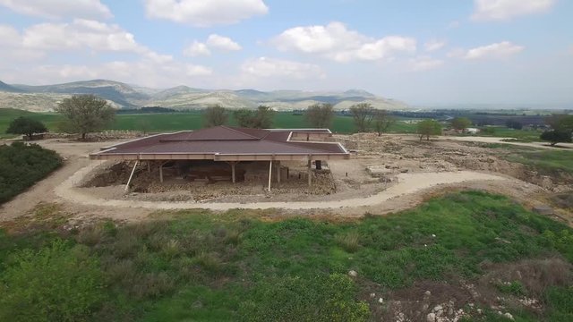 Aerial of Canaanite Palace & Salomon's gate at Tel Hazor. Israel. DJI-0001-11