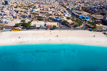 Fototapeta na wymiar Aerial view of Laginha beach in Mindelo city in Sao Vicente Island in Cape Verde