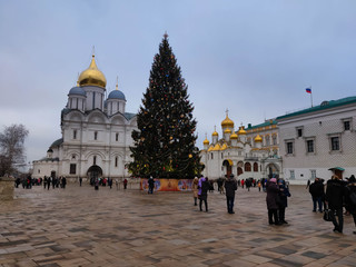 MOSCOW,RUSSIA-JANUARY 03,2020: decorated christmas tree in the Kremlin sguare in the middle of churches