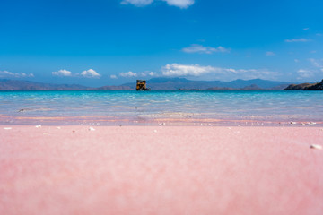 pink beach with clear blue water on komodo island in indonesia