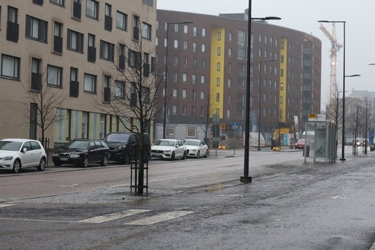 Urban Scandinavian city with foggy weather