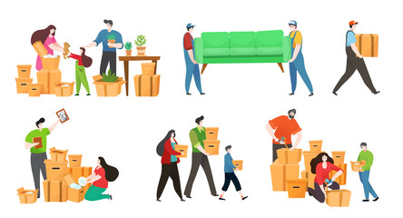 People moving boxes and furniture to new house, happy family packing belongings, vector illustration. Parents and children packing boxes, isolated cartoon characters. People relocating, family moving