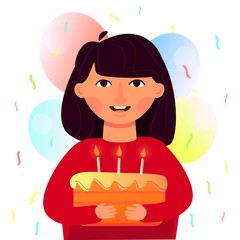 Cute girl holding a cake with candles. Congratulations on the birthday. Vector cartoon character.