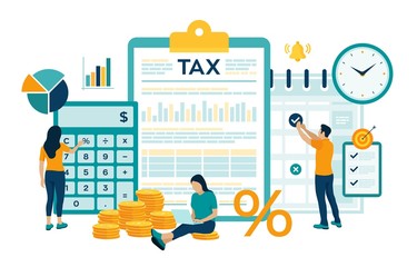 Concept tax payment. Data analysis, paperwork, financial research report and calculation of tax return. Payment of debt. Government, state taxes. Vector illustration in flat style with characters. - obrazy, fototapety, plakaty