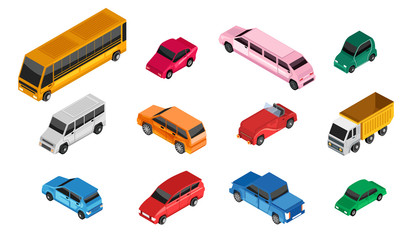 Isometric cars transport vehicle, set of isolated automobiles, public bus and lorry truck, vector illustration. Car icons in isometric cartoon style, pickup and luxury limousine. Urban traffic auto