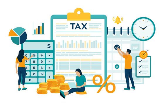 Concept tax payment. Data analysis, paperwork, financial research report and calculation of tax return. Payment of debt. Government, state taxes. Vector illustration in flat style with characters.