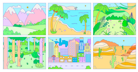 Landscape background, outdoor nature and city flat style, environment vector illustration. Set of nature backdrops, desert canyon, mountain valley and urban metropolis cityscape. Landscape collection