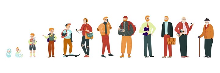 Man in different age, stages of growing up from baby to old pensioner, vector illustration. Aging process, life of average man. Childhood, education, traveling, retirement. Isolated cartoon characters