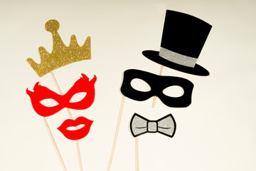 Party, love and wedding concept. Artificial props woman and man.