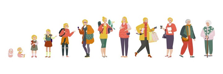 Fototapeta premium Woman in different age, stages of growing up from baby to old lady vector illustration. Aging process, life of average woman. Childhood, education, pregnancy and retirement. Isolated cartoon character