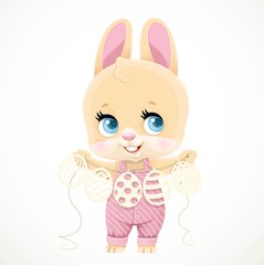 Cute little rabbit in striped jumpsuit holds a paper garland with Easter eggs cut out of paper  isolated on white background