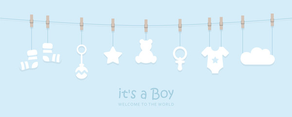its a boy welcome greeting card for childbirth with hanging baby utensils vector illustration EPS10 - obrazy, fototapety, plakaty