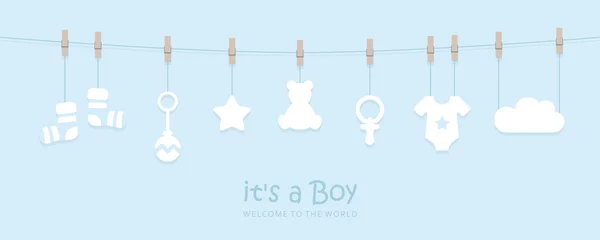Fototapeten its a boy welcome greeting card for childbirth with hanging baby utensils vector illustration EPS10 © krissikunterbunt
