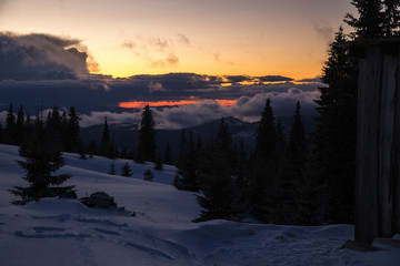 Winter landscape in the higest Carpahian mountains near Yaremche in the sunset