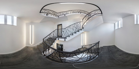 white stairs  emergency and evacuation exit spiral stair in up ladder. full seamless spherical hdri panorama 360 degrees in interior room in modern apartments or  office in equirectangular projection - Powered by Adobe